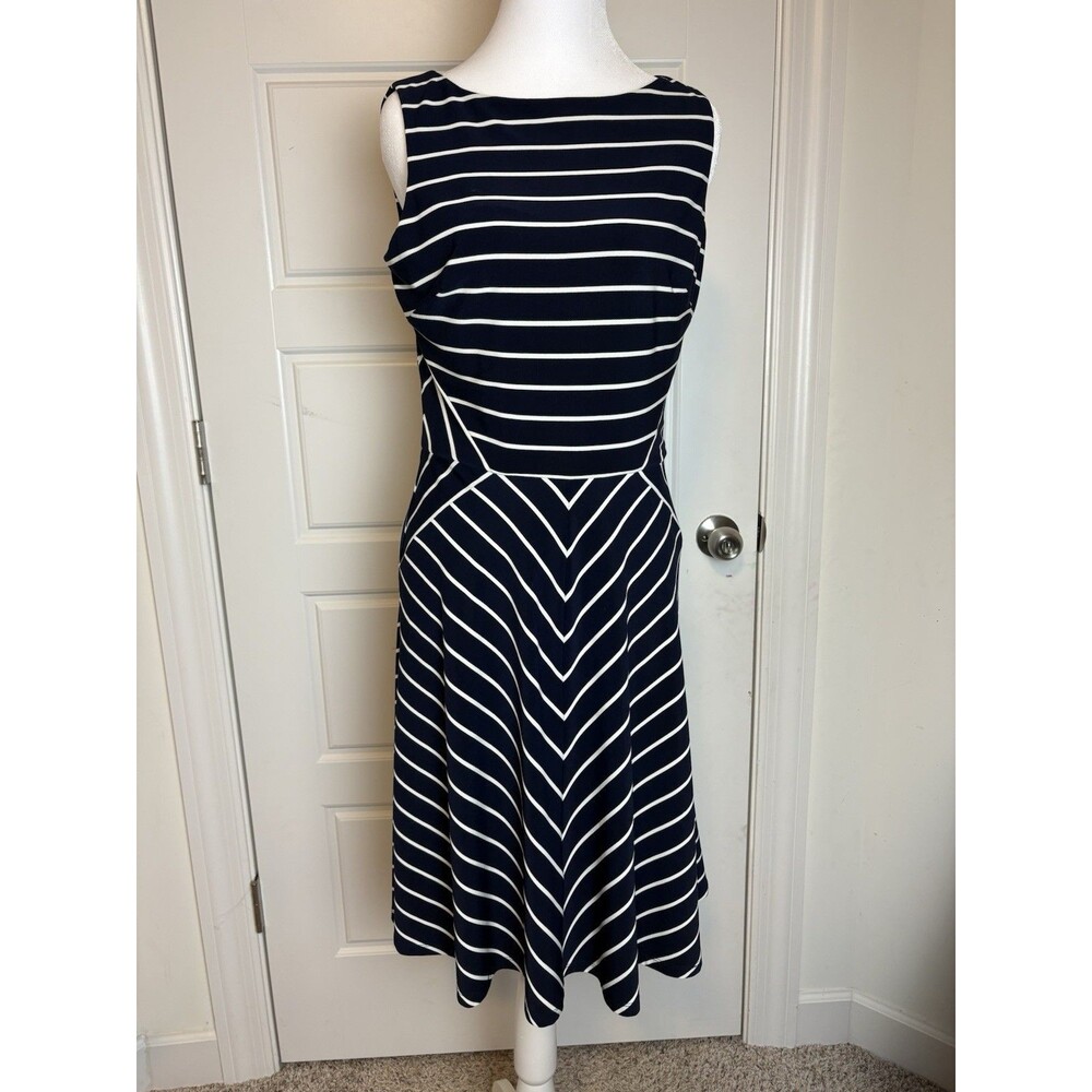 Lauren Ralph Lauren Sz 8 Navy Blue White Striped A Line Sleeveless Jersey Dress